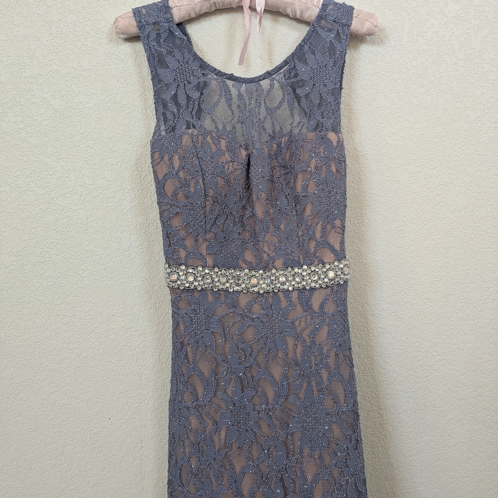 City Studio Lace Maxi Dress in Blue with Embellished Waist